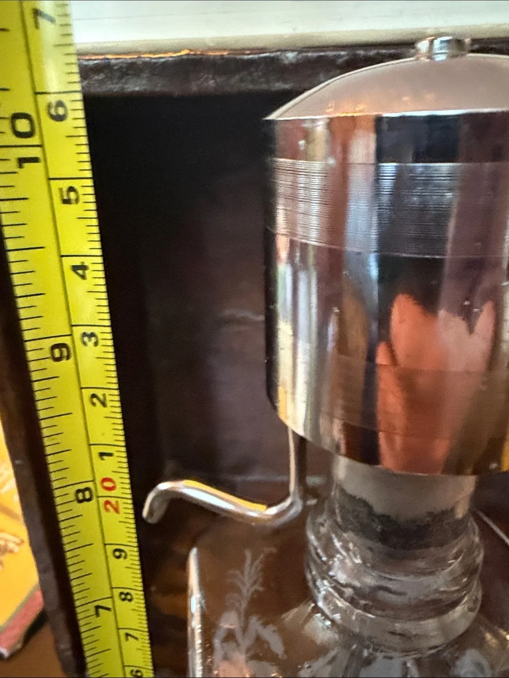 Continental Etched Glass Bourbon Dispenser with Chrome Pump Mid century modern